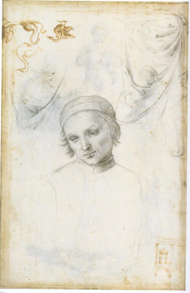 Raphael: Studies for the Baronci altarpiece, Coronation of St Nicholas of Tolentino, verso